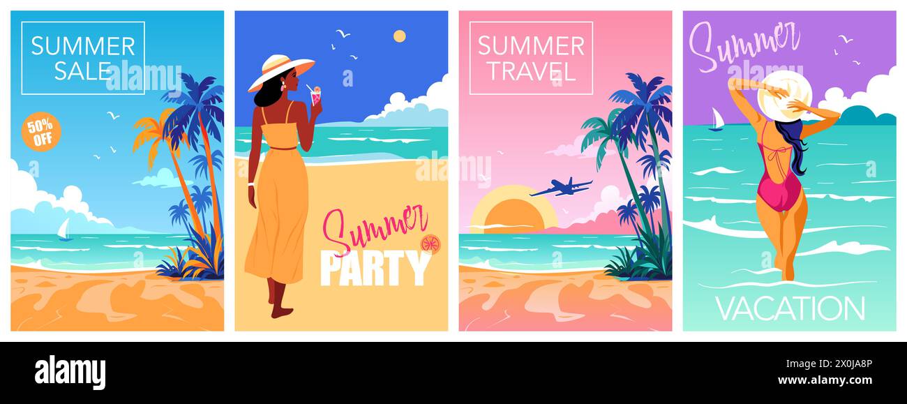 Sommerzeit und Reisekonzept. Poster mit tropischem Strand Stock Vektor