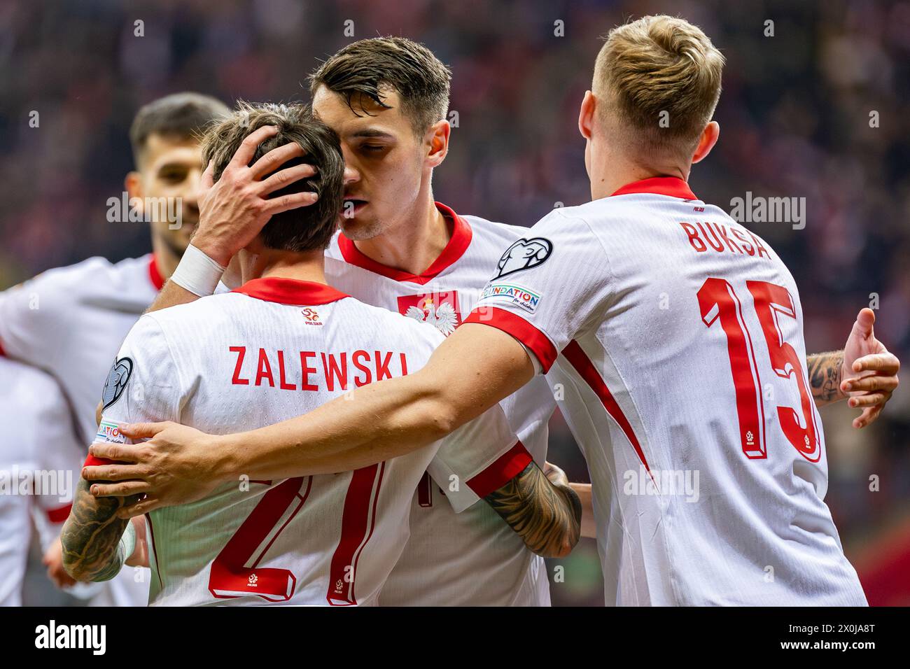 WARSCHAU, POLEN - 21. MÄRZ 2024: Qualifikationsspiel zur UEFA Euro 2024: Polen - Estland 5:1 o.p: Nicola Zalewski, Jakub Kiwior, Adam Buksa Stockfoto