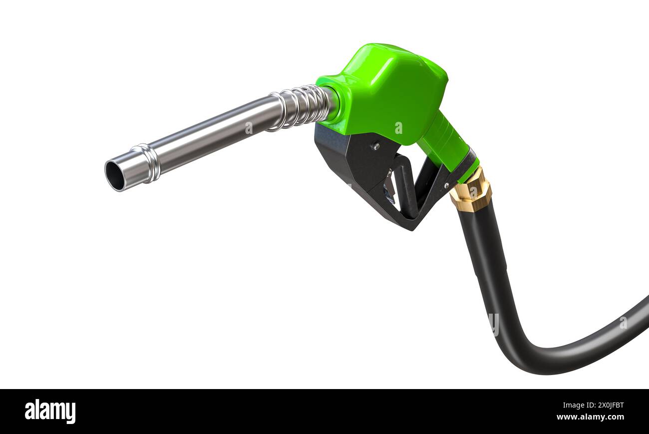 3D-Rendering einer grünen Kraftstoffpumpendüse mit metallischem Auslauf auf weißem Hintergrund Stockfoto