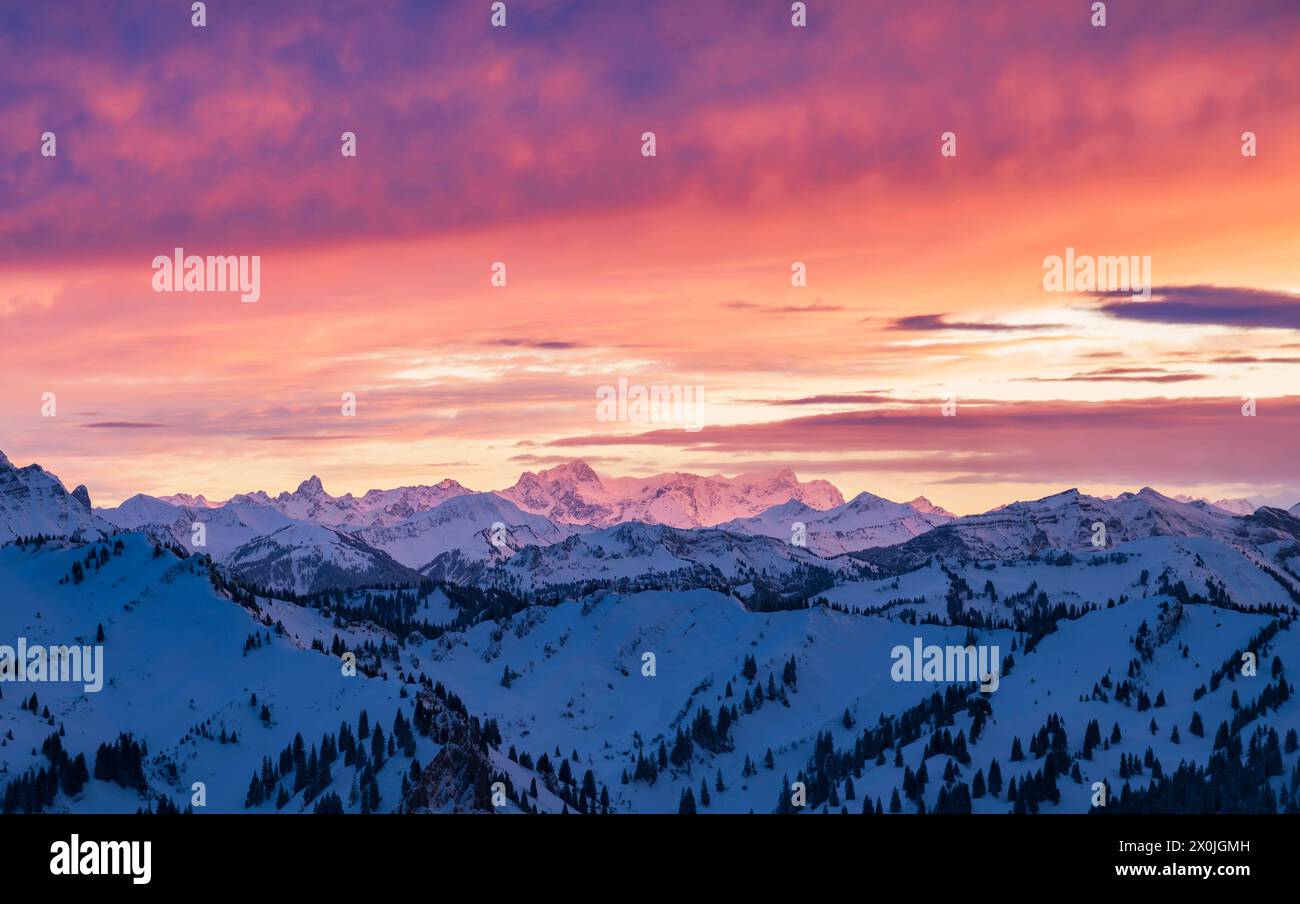 Intensive Farben nach Sonnenuntergang in einer winterlichen Berglandschaft. Blick von Sedererstuiben über Bregenzerwald nach Schesaplana. Bayern, Deutschland, Voralberg, Österreich Stockfoto