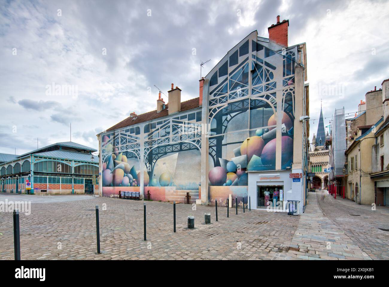 Rue Odebert, Kathedrale, Markthalle, Wandmalerei, Hausfassade, Architecture, Dijon, Departements Cote-d'Or, Frankreich, Europa, Stockfoto