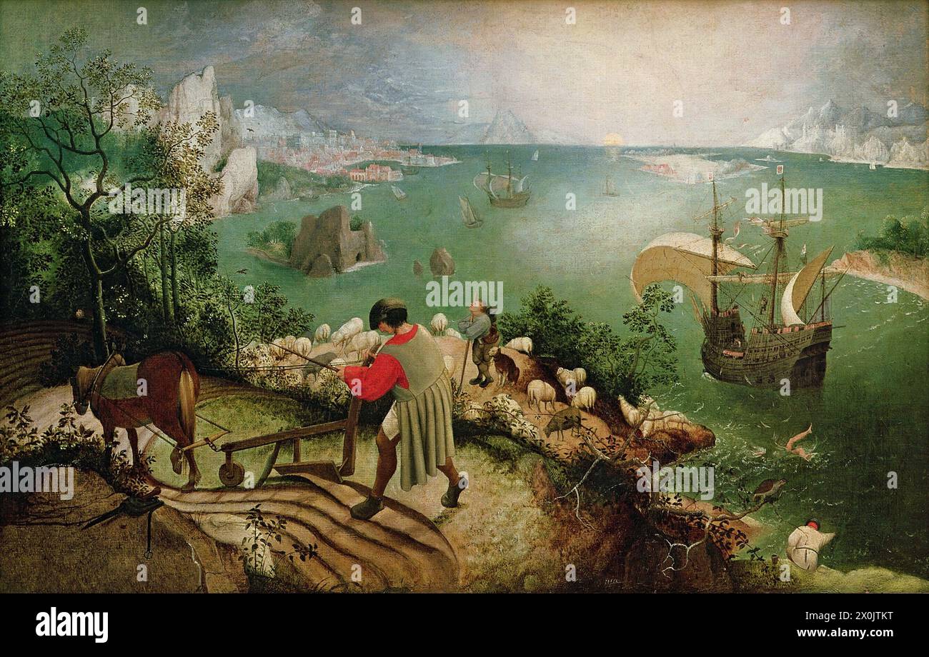 Landschaft mit dem Fall des Ikarus, um 1555 (Öl auf Leinwand) von Bruegel, Pieter dem Älteren (um 1525-69); 73,5x112 cm; Stockfoto