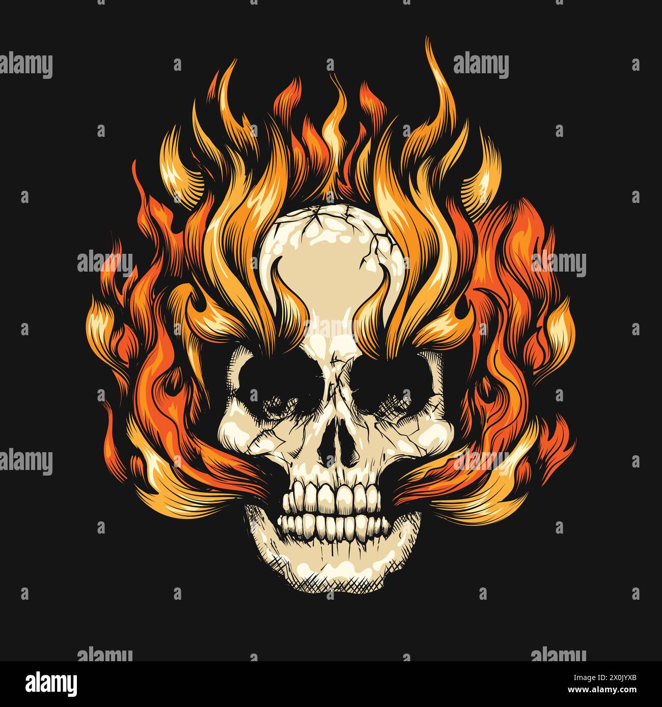 Gravur Skull Burning in Hell Fire isoliert auf schwarzem Hintergrund. Vektorabbildung. Es wurde keine AI verwendet. Stock Vektor