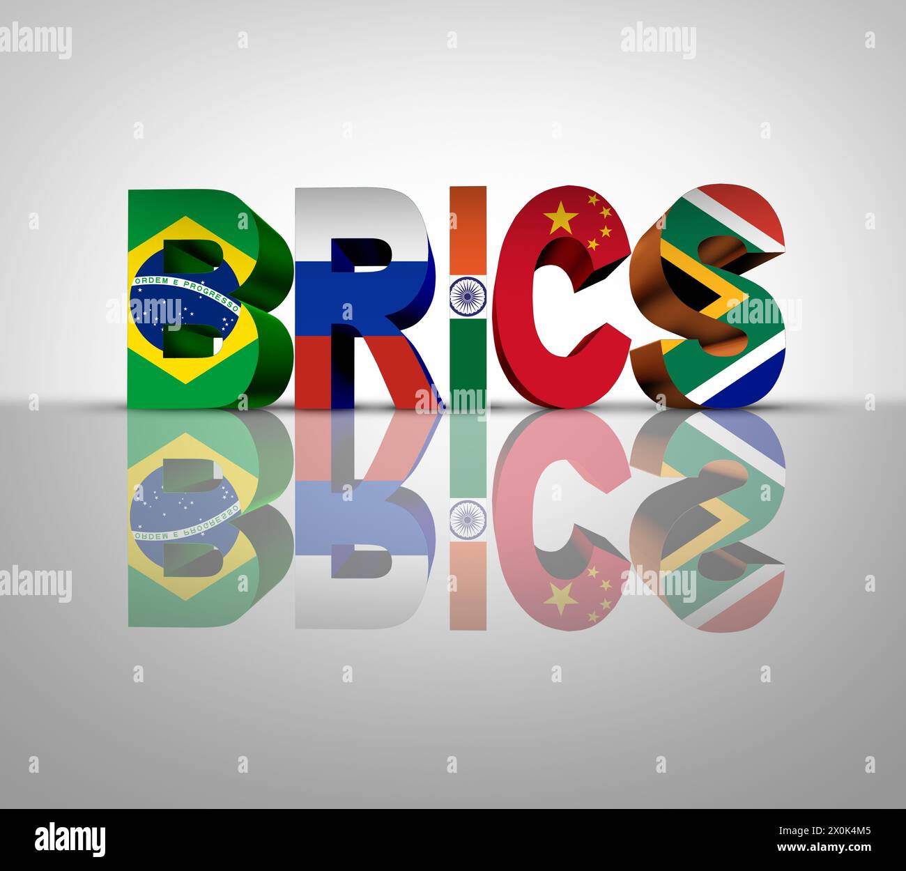 BRICS-Symbol als Brasilien Russland Indien China und Südafrika zwischenstaatliche Organisation als Schwellenländer wie Ägypten Äthiopien Iran Stockfoto