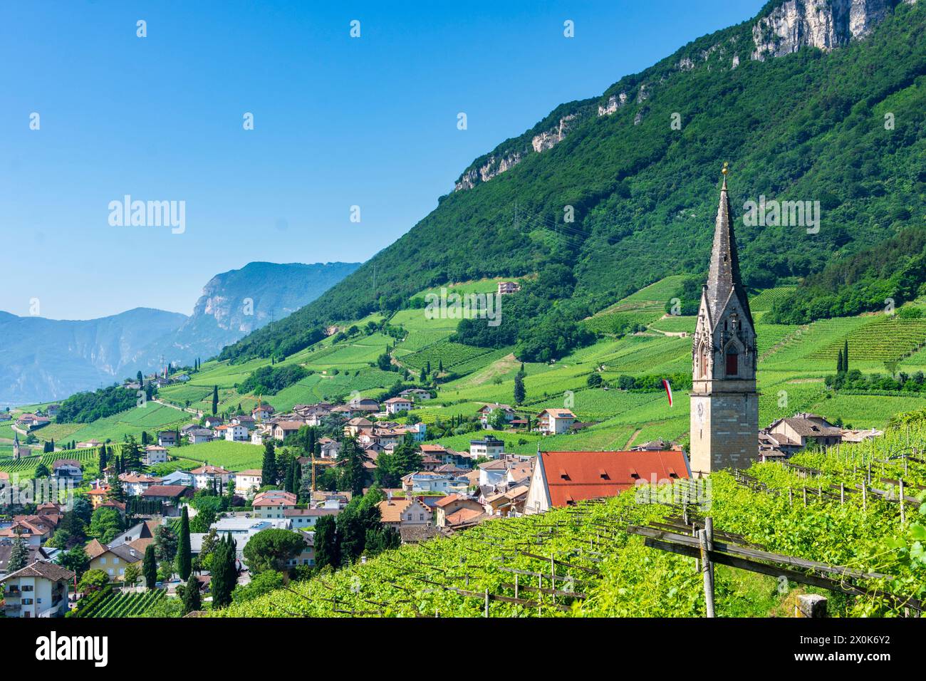 Tramin an der Weinstraße (Termeno sulla Strada del Vino), Hauptkirche im Dorf Tramin, Weinberge, Berg Mendelkamm in Südtirol, Trentino-Südtirol, Italien Stockfoto