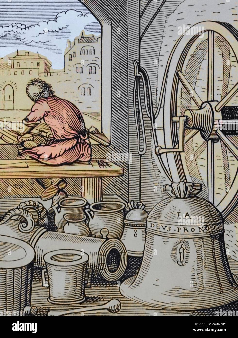 Glocke und Kanonenrolle. Reproduktion eines Stiches aus dem 16. Jahrhundert von Jost Amman. Spätere Färbung. "Moeurs, usages et Kostüumes au moyen-âge et à l'époque de la Renaissance" von Paul Lacroix. Paris, 1878. Stockfoto