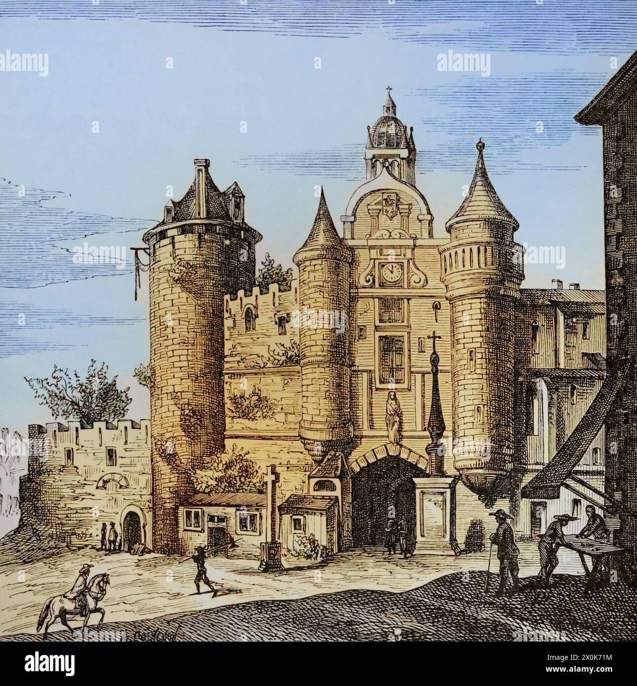 Paris, Frankreich. Grand Châtelet. Festung, erbaut von König Ludwig VI. (1081–1137) am rechten Ufer der seine. Es wurde nach den normannischen Einfällen in Stein wiederaufgebaut. Nachdem die Festung verworfen wurde, wurde sie zum Hauptquartier des Pariser Provosten, in dem Gefängnisse und Folterkammern untergebracht waren. Sie wurde 1808 auf Befehl Napoleons abgerissen. Hauptfassade. Faksimile nach einem Stich von Matthäus Merian in Topographia Galliae von Martin Zeiler. Veröffentlicht In Frankfurt, 1655. Spätere Färbung. "Moeurs, usages et Kostüumes au moyen-âge et à l'époque de la Renaissance" von Paul Lacroix. Paris, 1878. Stockfoto
