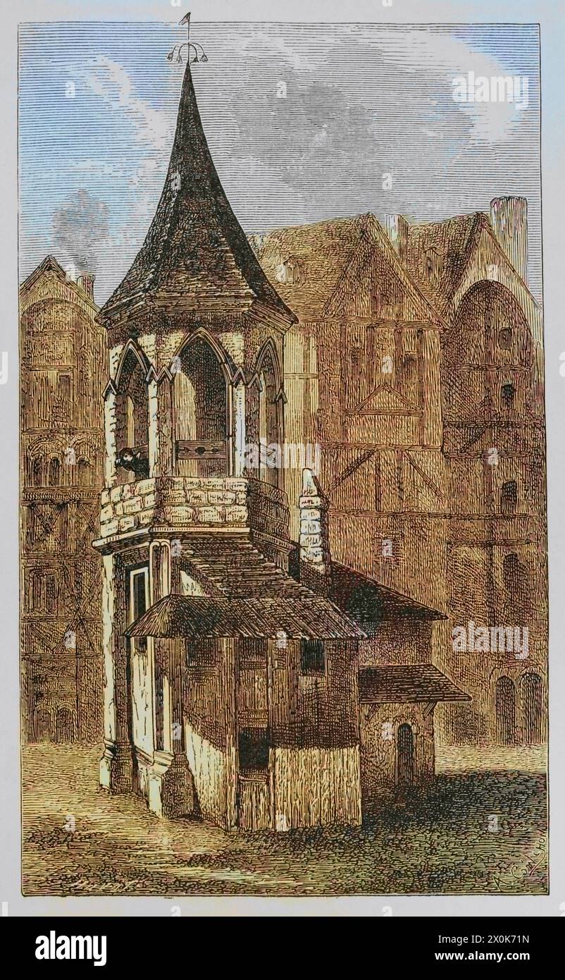 Frankreich. Der Pranger auf dem Marktplatz (Les Halles) von Paris im 16. Jahrhundert. Kupferstich von Huyot nach einer Zeichnung eines unbekannten Künstlers von 1670. Spätere Färbung. "Moeurs, usages et Kostüumes au moyen-âge et à l'époque de la Renaissance" von Paul Lacroix. Paris, 1878. Stockfoto