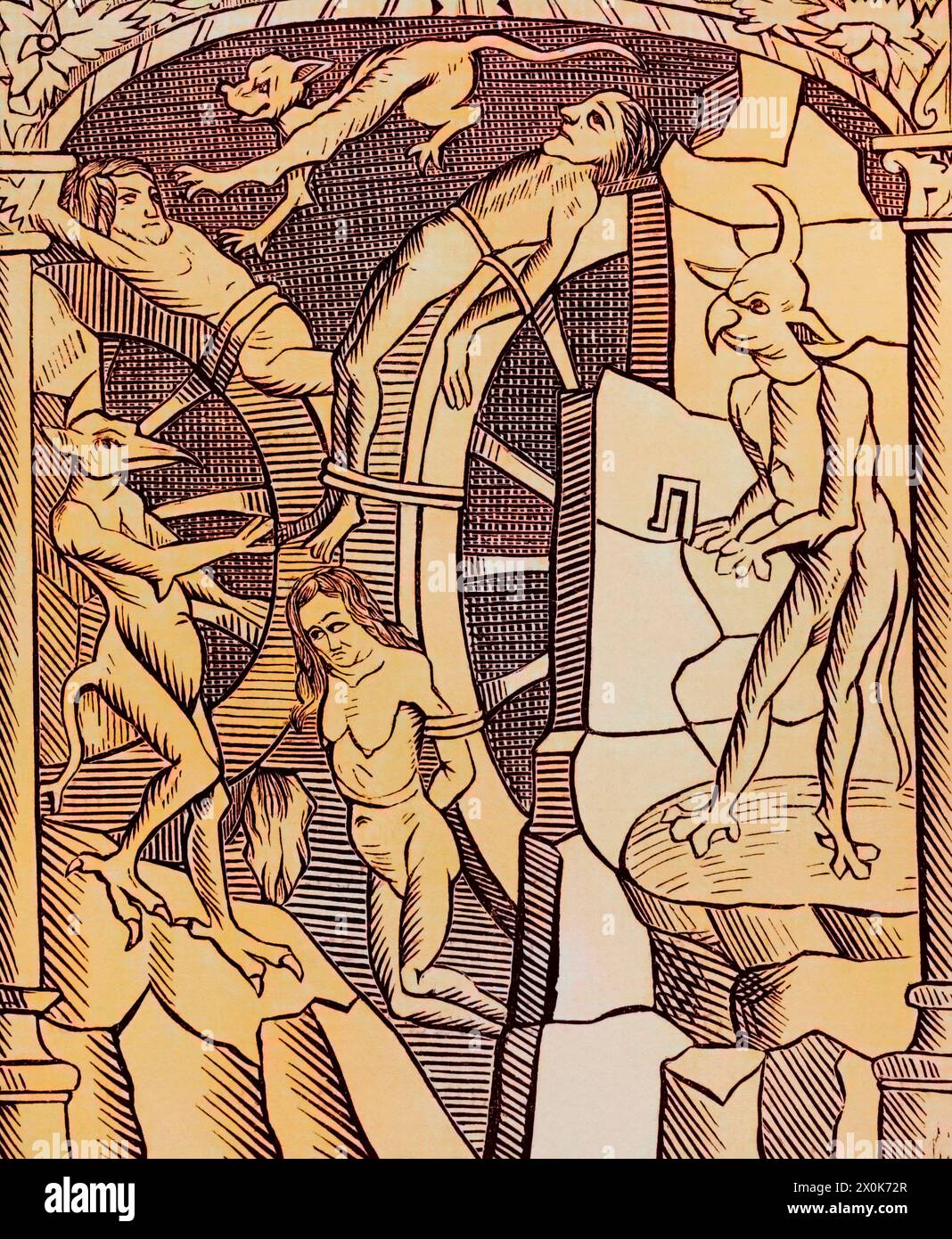 Folter des Rades, hingerichtet von Dämonen. Gravur nach „Le Grant Kalendrier et Compost des Bergiers“, Troyes, 1529. Spätere Färbung. "Moeurs, usages et Kostüumes au moyen-âge et à l'époque de la Renaissance" von Paul Lacroix. Paris, 1878. Stockfoto