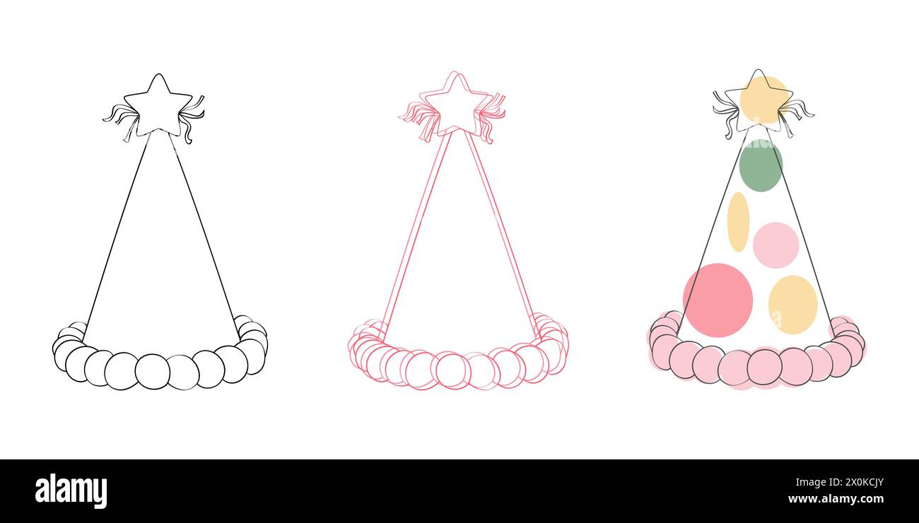 Drei bunte Partyhüte mit sternförmigen Oberteilen wurden nebeneinander platziert Stock Vektor