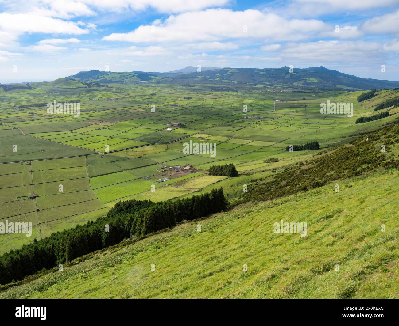 Azoren, Hügel von Serra do Cume und Serra da Ribeirinha, Terceira, Landschaft, grün, üppig, Natur, Landwirtschaft, gemäßigtes Klima, Insel, Atlantischer Ozean, Gulf Stream, Portugal Stockfoto