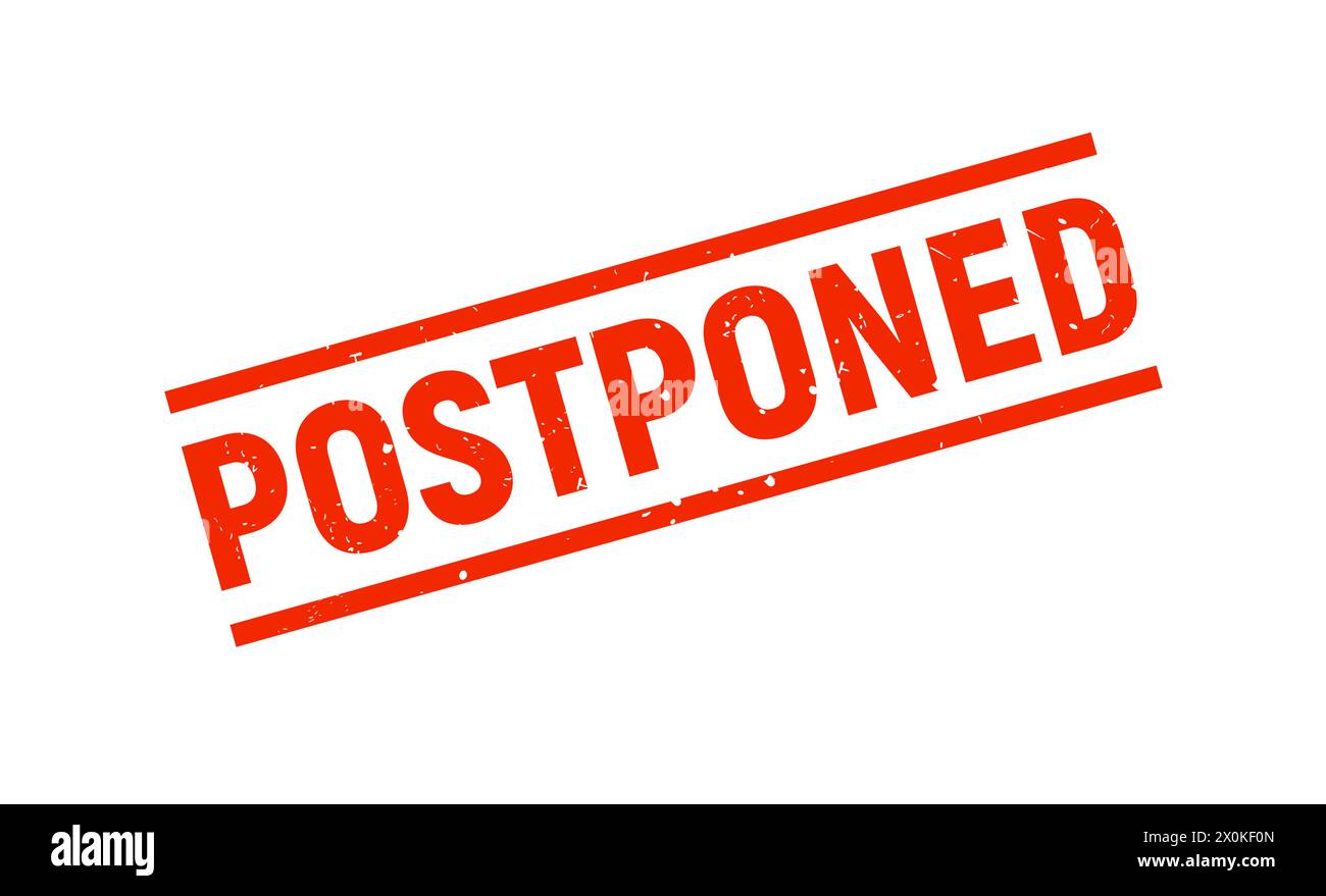 Rotes Grunge-Symbol für Stempel verschieben. Verschobenes Banner abgebrochenes Stempelverzögerung Geschäft Gummivektor-Label-Symbol. Stock Vektor