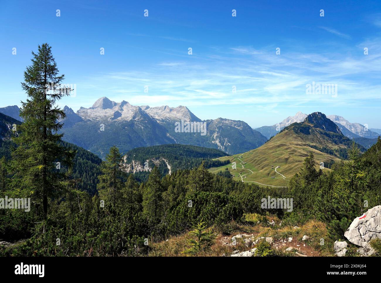 Österreich, Land Salzburg, Pinzgau, Weißbach bei Lofer, Blick vom Seehorn auf die Kallbrunnalm mit Kranzhorn, dahinter die Leoganger Steinberge Stockfoto