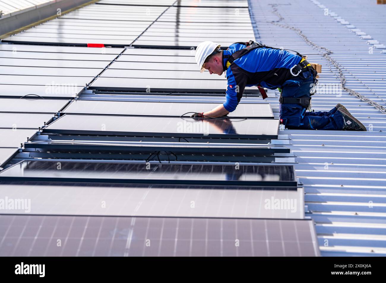 Installation von Solarmodulen auf dem Dach eines Gewerbeunternehmens werden über 400 Photovoltaik-Module auf dem Dach installiert, NRW, Deutschland Stockfoto