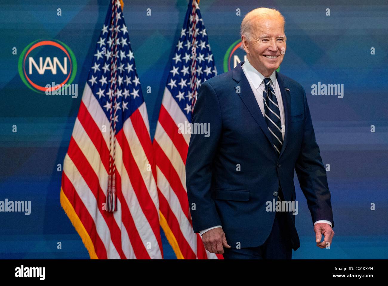 US-Präsident Joe Biden hält virtuelle Bemerkungen auf der National Action Network Convention im South Court Auditorium des Weißen Hauses am 12. April 2024. Kredit: Ken Cedeno/Pool über CNP Stockfoto