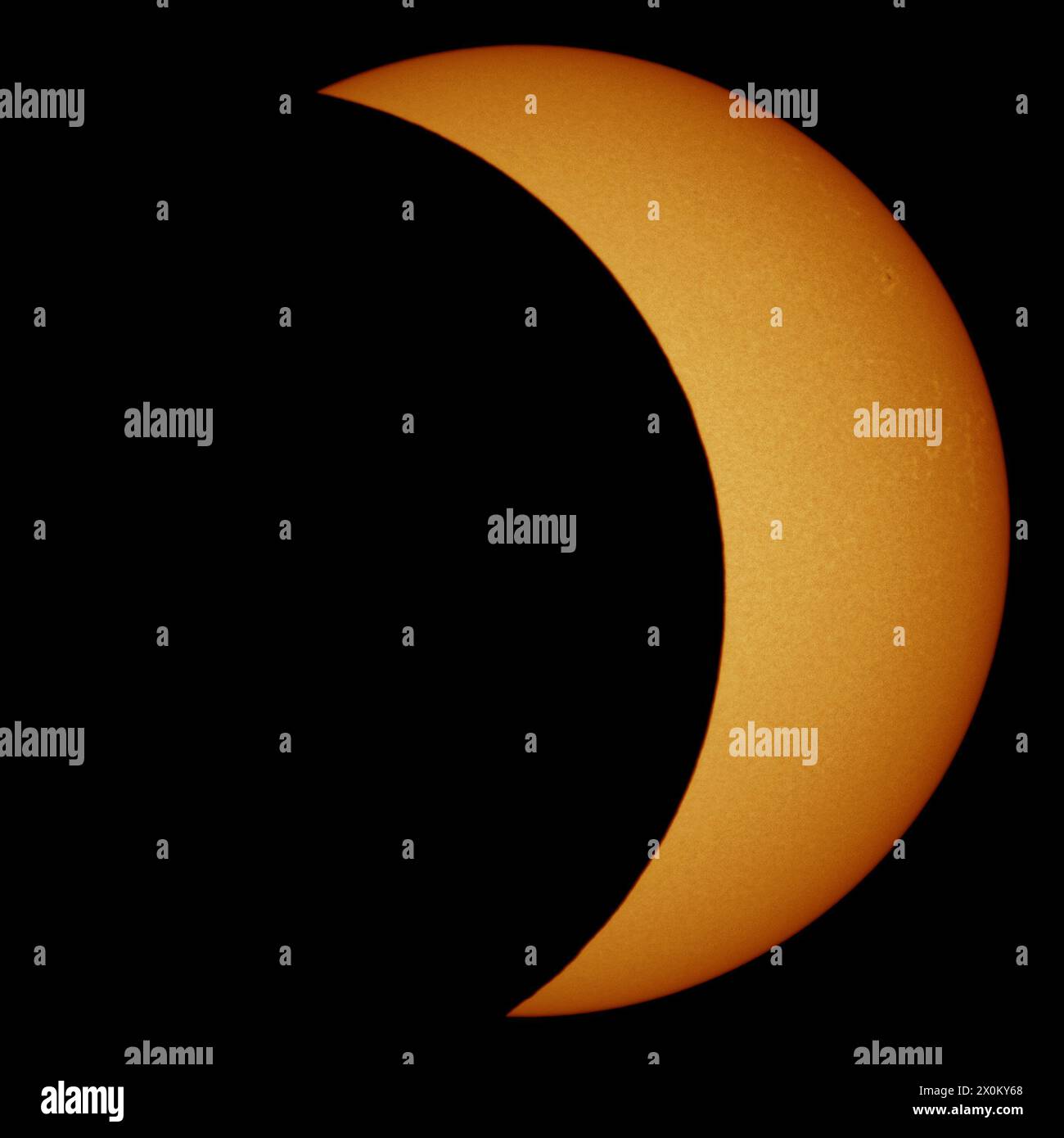 2024 Sonnenfinsternis Teilphase in weißem Licht mit hoher Detailgenauigkeit der Photosphäre und Sonnenflecken Stockfoto