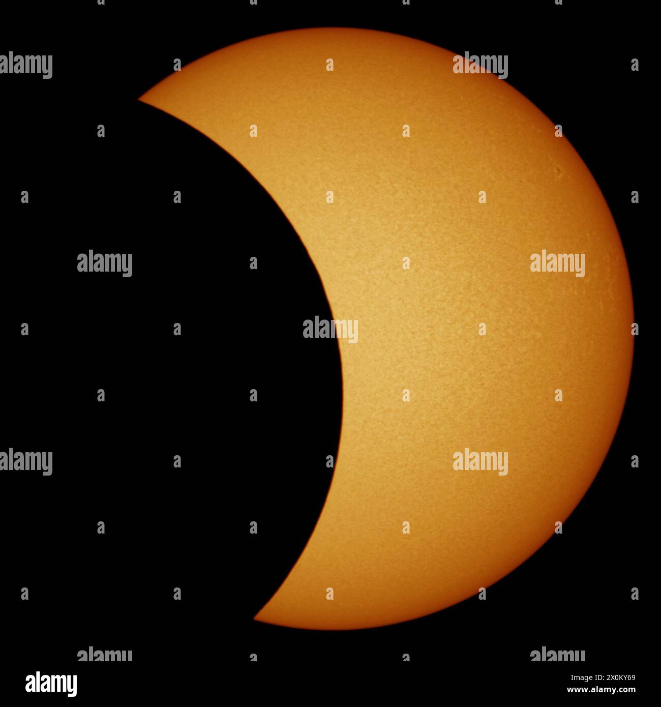2024 Sonnenfinsternis Teilphase in weißem Licht mit hoher Detailgenauigkeit der Photosphäre und Sonnenflecken Stockfoto