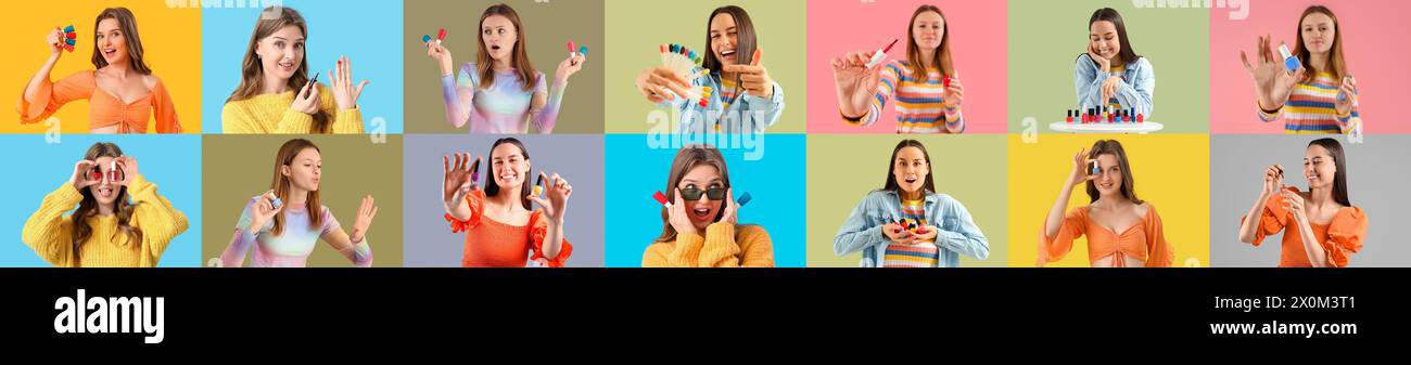 Collage junger Frauen mit Nagellack auf farbigem Hintergrund Stockfoto