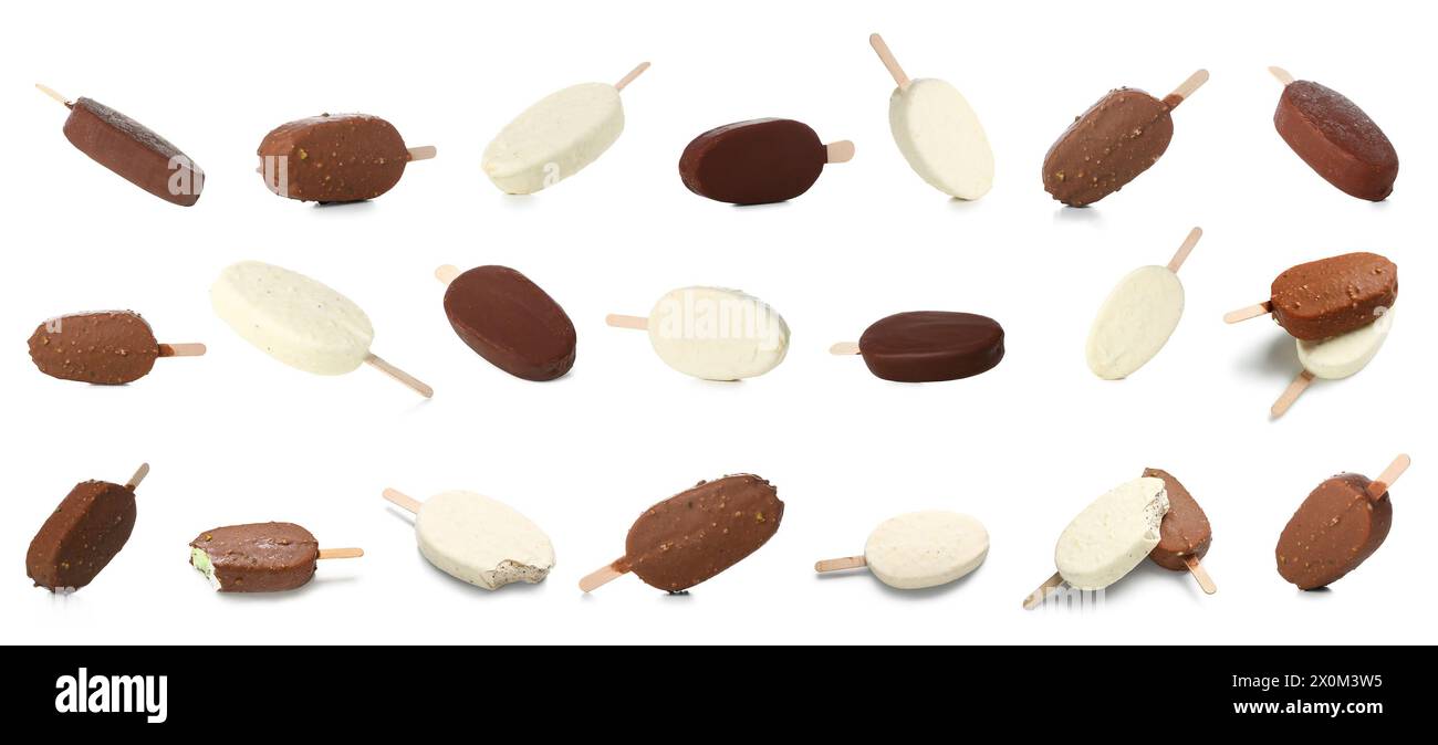 Set mit vielen leckeren Eissorten auf weißem Hintergrund Stockfoto
