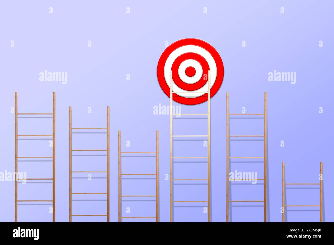 Ziel- und Leistungskonzept. Hölzerne Leitern und eine führt zu Bullseye auf blauem Hintergrund Stockfoto