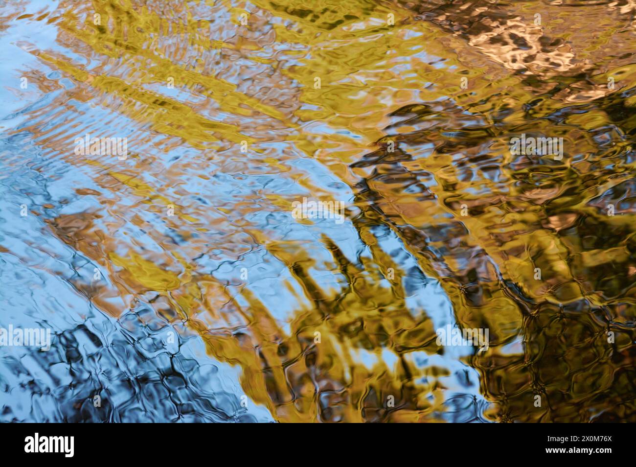 Reflexionen von Vegetation und Himmel, die abstrakte Muster in Blau-, Grün- und Brauntönen am Dove River, Cradle Mountain, Tasmanien, Australien, bilden. Stockfoto