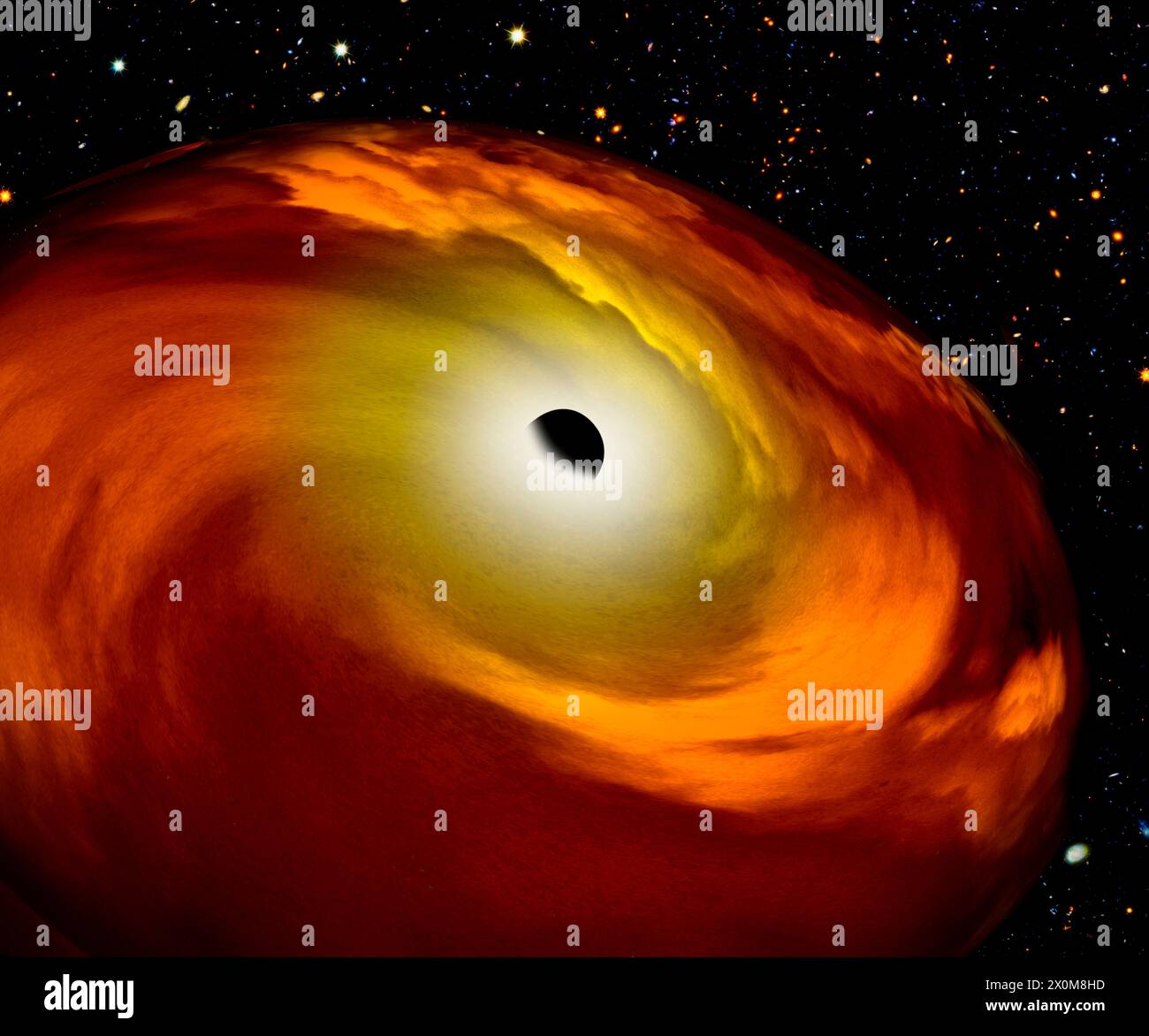 Schwarzes Loch, Abbildung. Ein schwarzes Loch ist ein Objekt, das entsteht, wenn der Kern eines ausreichend massereichen Sterns unter seinem eigenen Gewicht zusammenbricht. Dadurch vergrößert sich das Gravitationsfeld bis zu dem Punkt, an dem über eine als Ereignishorizont bezeichnete Grenze hinaus nichts, nicht einmal Licht, entweichen kann. Stockfoto