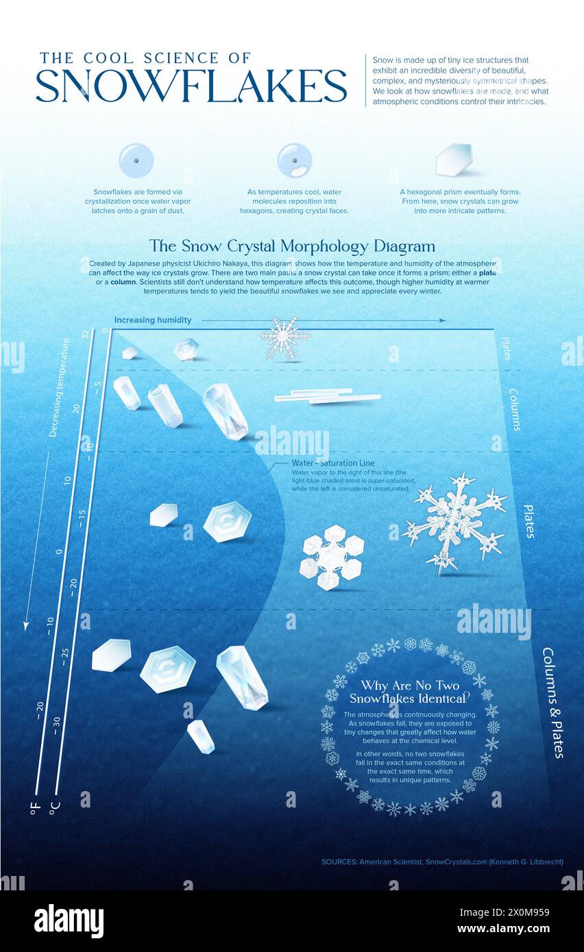 Infografik, die zeigt, wie sich Schneeflocken bilden und wie Temperatur und Luftfeuchtigkeit der Atmosphäre das Wachstum von Eiskristallen beeinflussen. Stockfoto