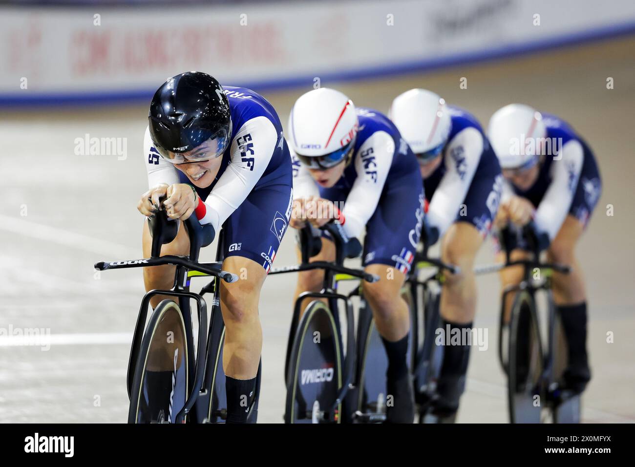 Foto von Alex Whitehead/SWpix.com - 12/04/2024 - Radfahren - Tissot UCI Track Nations Cup - Runde 3: Milton - Mattamy National Cycling Centre, Milton, Ontario, Kanada - Finale des Frauenteams Pursuit - Rennen um Bronze - Clara Copponi, Valentine Fortin, Marion Borras und Marie le Net of France Credit: SWpix/Alamy Live News Stockfoto