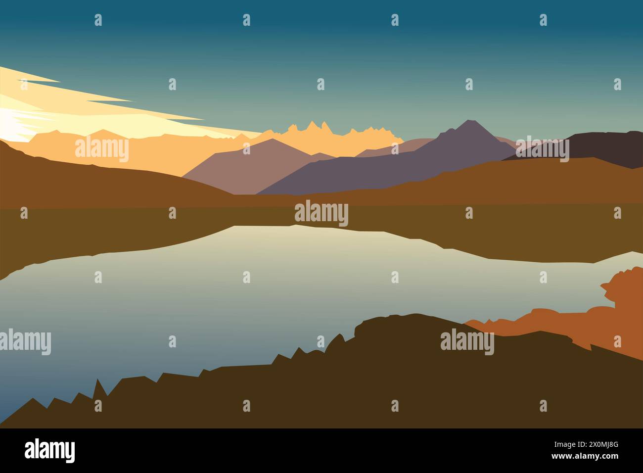 Berglandschaft mit See und Sonnenuntergang. Vektorabbildung. Eps 8 Stock Vektor