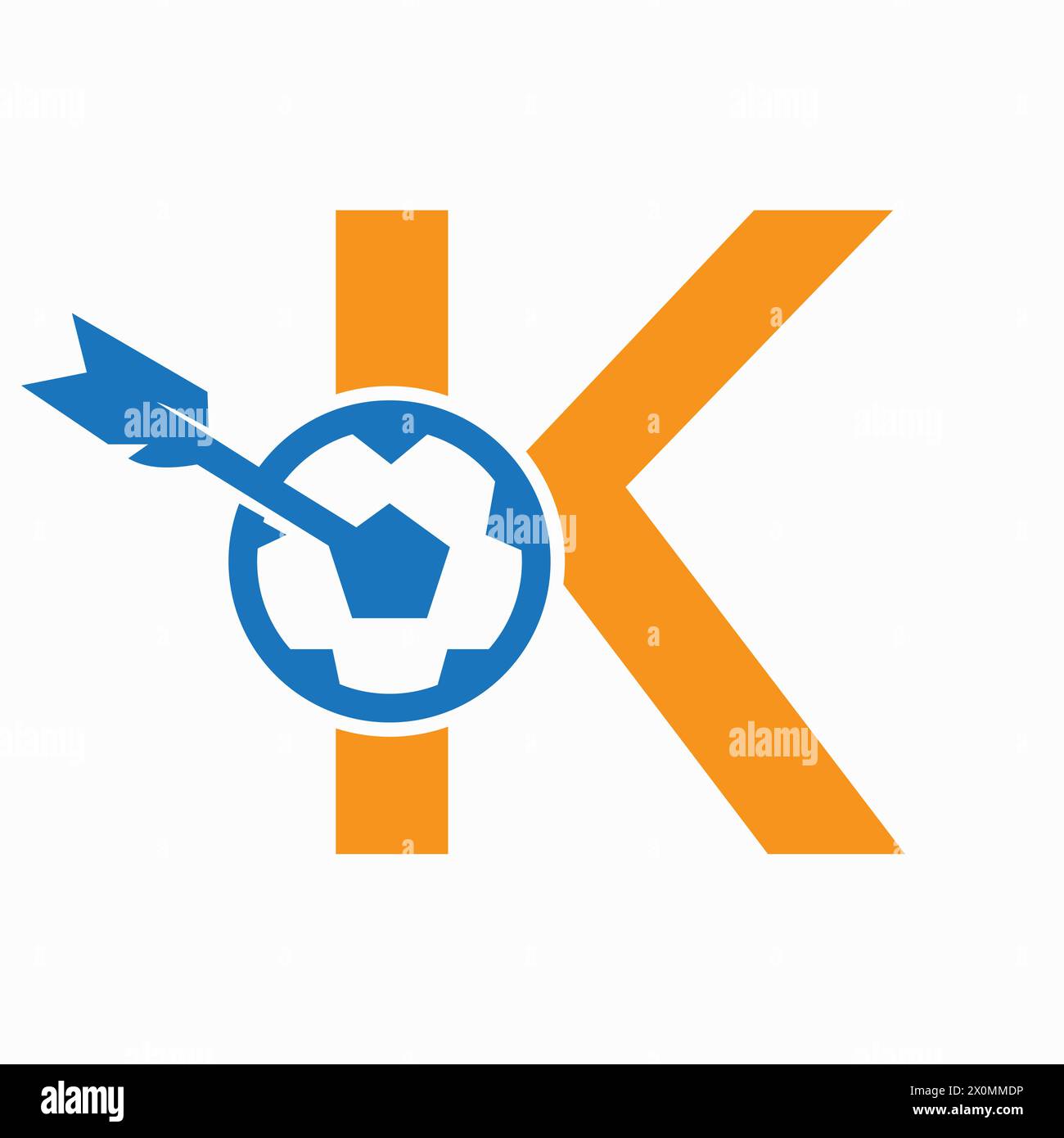 Fußball-Logo mit Buchstabe K und Zielpfeil. Fußballschild Stock Vektor