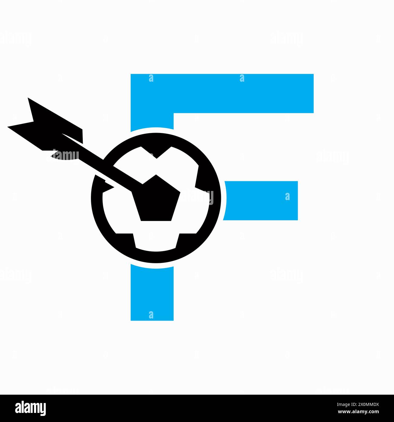 Fußball-Logo mit Buchstabe F und Zielpfeil. Fußballschild Stock Vektor