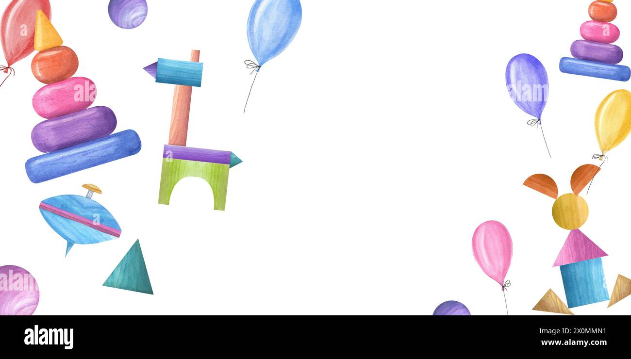 Aquarellillustration mit Kinderspielzeug und Ballons aus Holz. Mehrfarbige Pyramide, Drehplatte, Würfel, Pferd und Hase aus Würfeln. Horizontaler Rahmen. Stockfoto