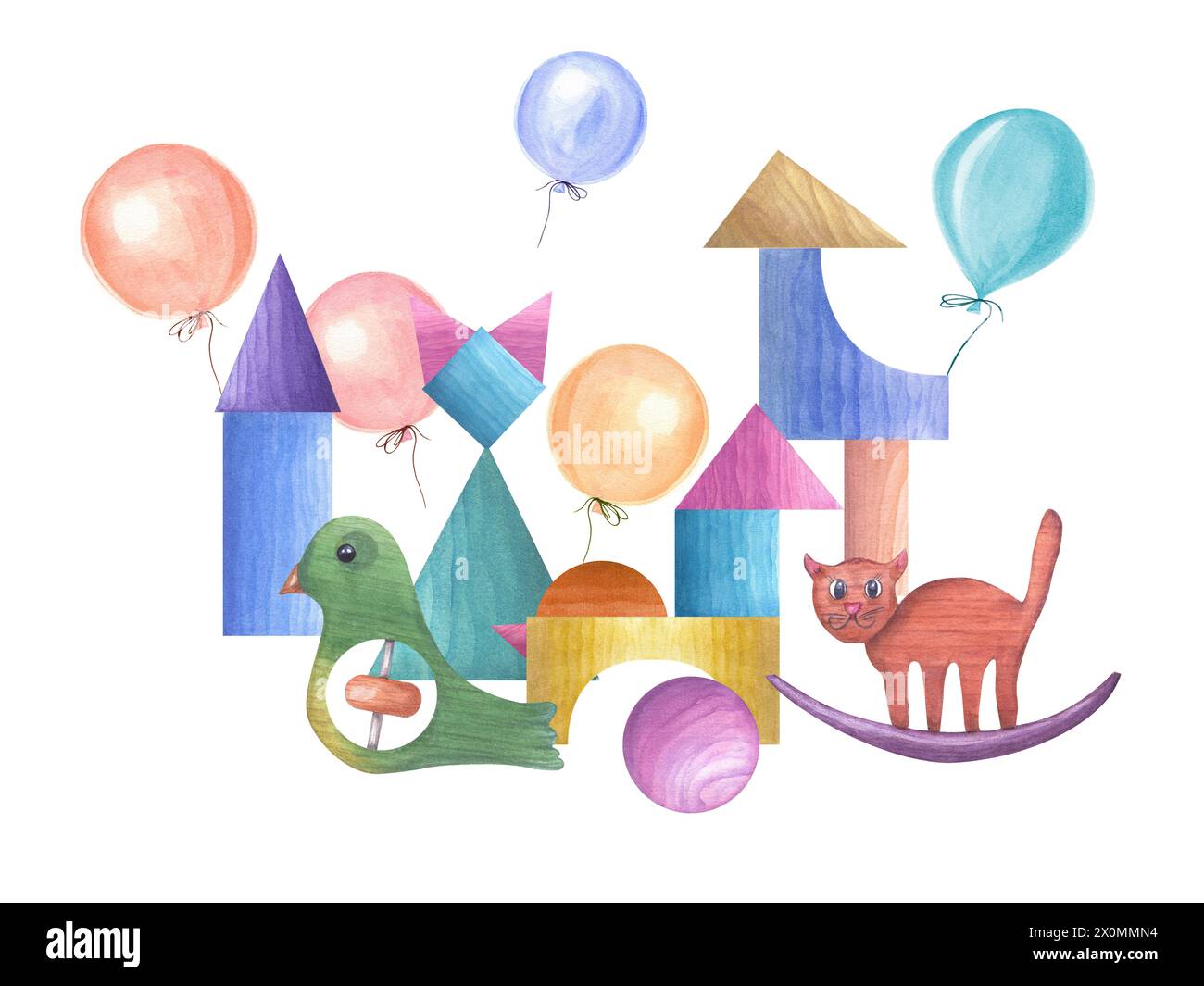 Holzspielzeug, Ziegel. Rasselvogel, Schaukelkatze, Ball, Würfel, Pferd aus Blöcken und bunten Ballons. Aquarellabbildung. Stockfoto