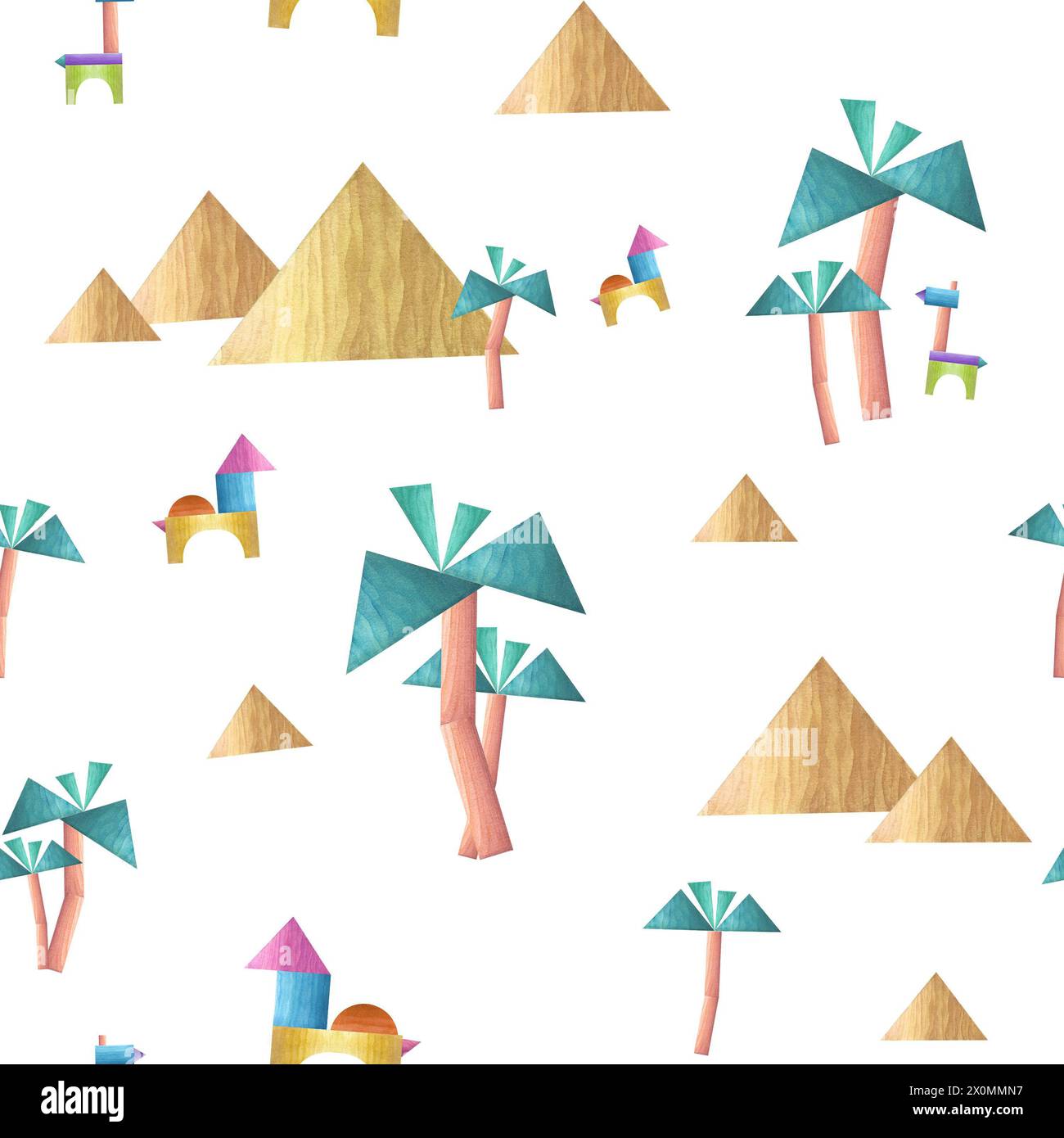 Palmen, Pyramiden, Tiere aus Holzziegeln. Nahtloses Aquarellmuster mit historischen ägyptischen Objekten für Kinder. Abbildung Stockfoto