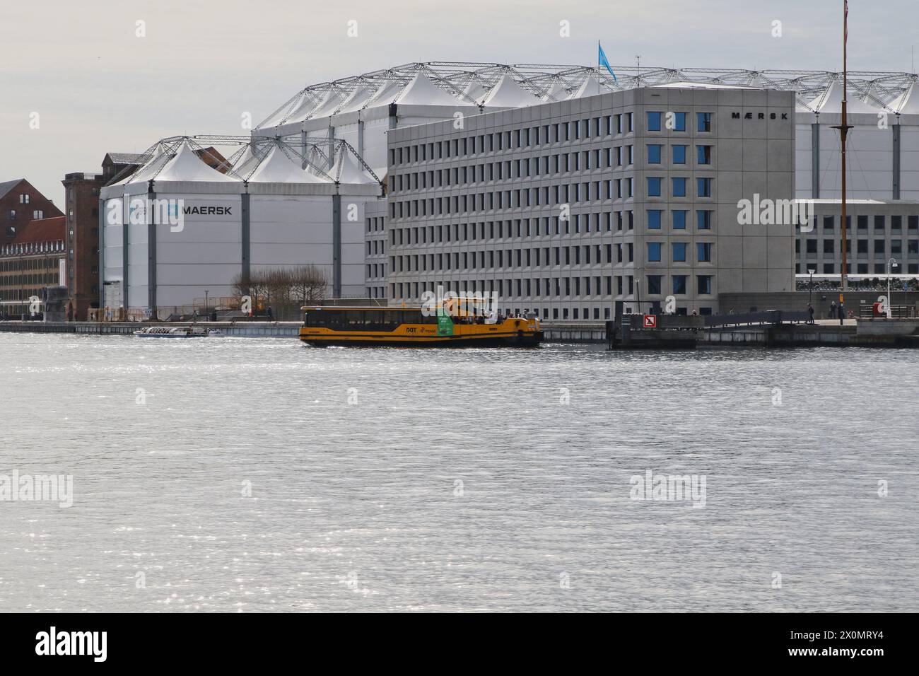 Bootsbus im Kopenhagener Hafen mit Maersk Büros Kopenhagen Dänemark April 2024 Stockfoto