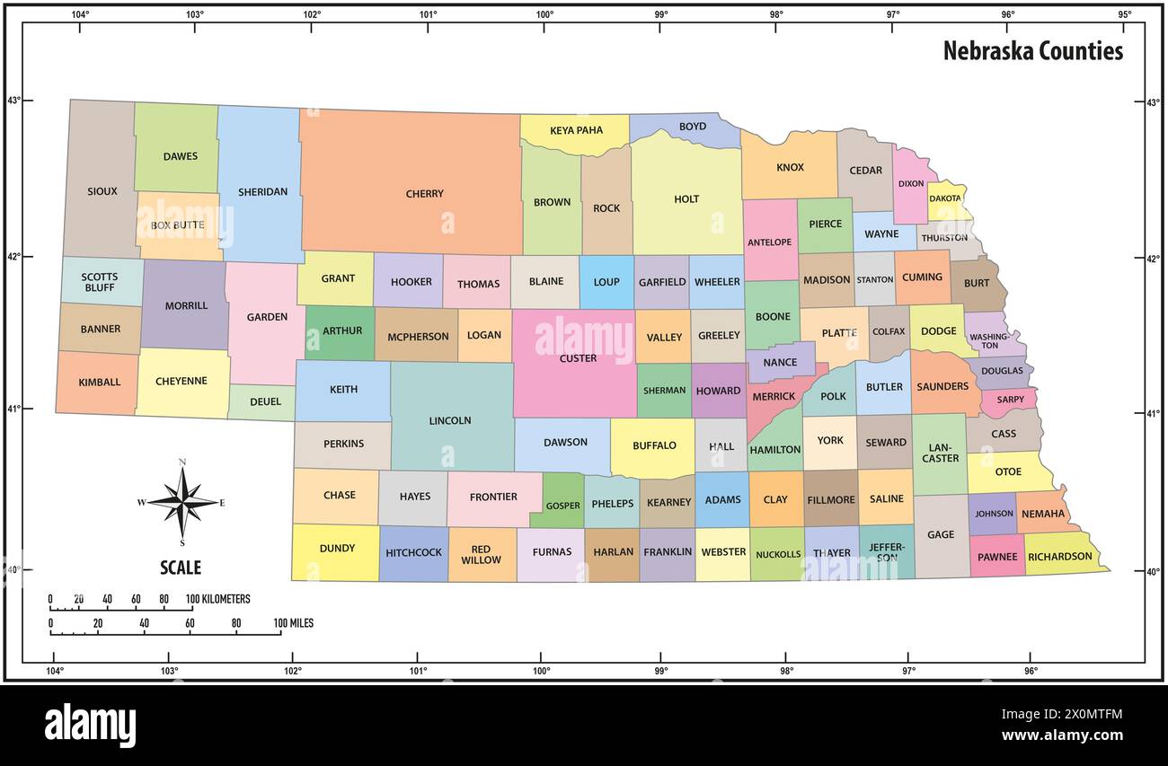 Nebraska State skizziert administrative und politische Landkarte in Farbe Stockfoto