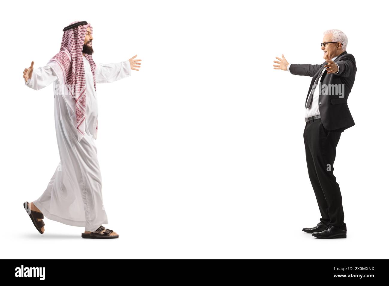 Profilaufnahme eines saudi-arabischen Mannes, der einen Reifen Geschäftsmann auf weißem Hintergrund trifft Stockfoto