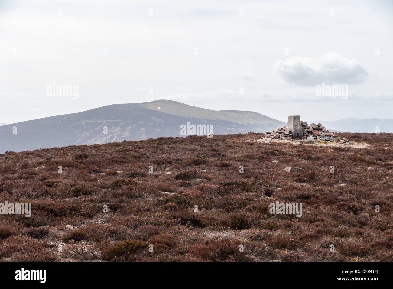 Der Trigpunkt auf dem Gipfel des Peter Hill in der Nähe von Finzean, Aberdeenshire, Schottland, mit dem Mount Battock im Hintergrund Stockfoto