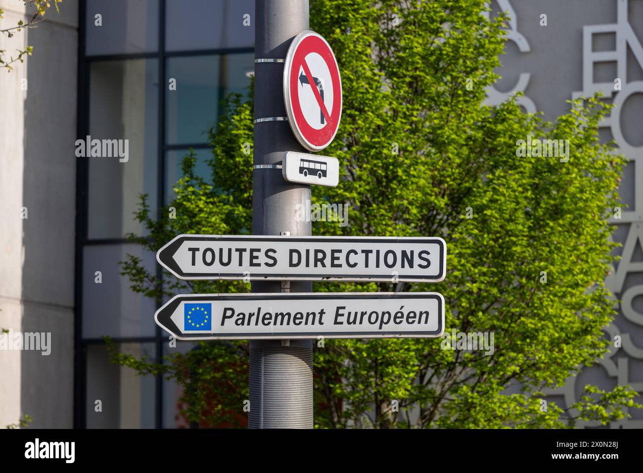 Europawahl 2024 Symbolbild: Pfeil mit der französischen Aufschrift Parlement EuropÃ en , der Weg zum Europäischen Parlament weist.Pfeil mit der französischen Aufschrift Parlement EuropÃ en , der Weg zum Europäischen Parlament weist. Straßburg Contades Nord Bas-Rhin Frankreich *** Europawahlen 2024 symbolisches Bild Pfeil mit der französischen Inschrift Parlement EuropÃ en , weist den Weg zum Europäischen Parlament Pfeil mit der französischen Inschrift Parlement EuropÃ en , weist den Weg zum Europäischen Parlament Straßburg Contades Nord Bas Rhin France 20240410-6V2A0553 Stockfoto