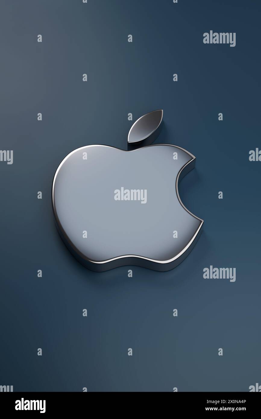 Buenos Aires, Argentinien - 3. April 2024: Apple Metall Logo in drei Dimensionen auf blauem Hintergrund. 3D-Abbildung. Stockfoto