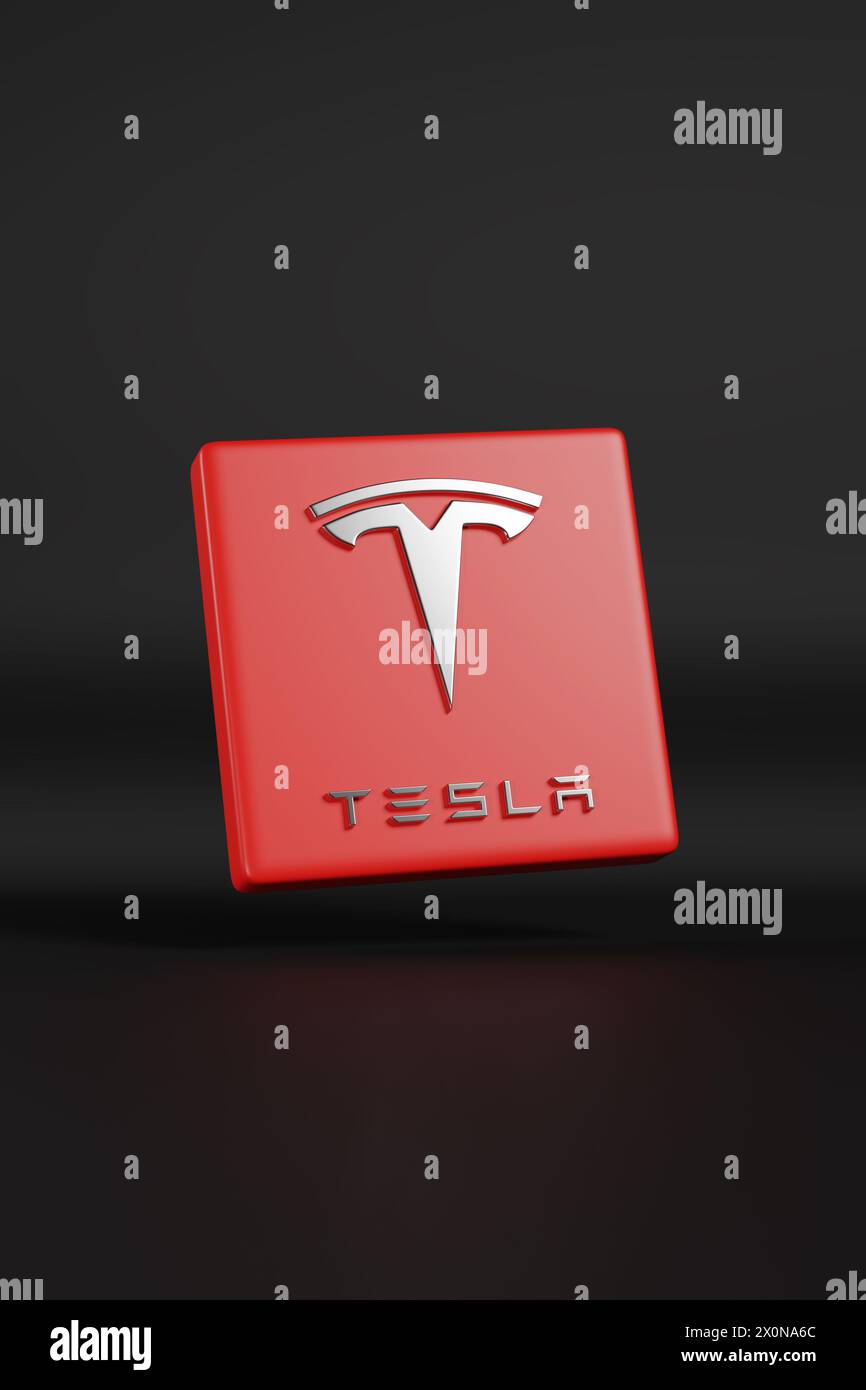 Buenos Aires, Argentinien - 3. April 2024: Dreidimensionales Tesla-Logo auf dunklem Hintergrund. 3D-Abbildung. Stockfoto