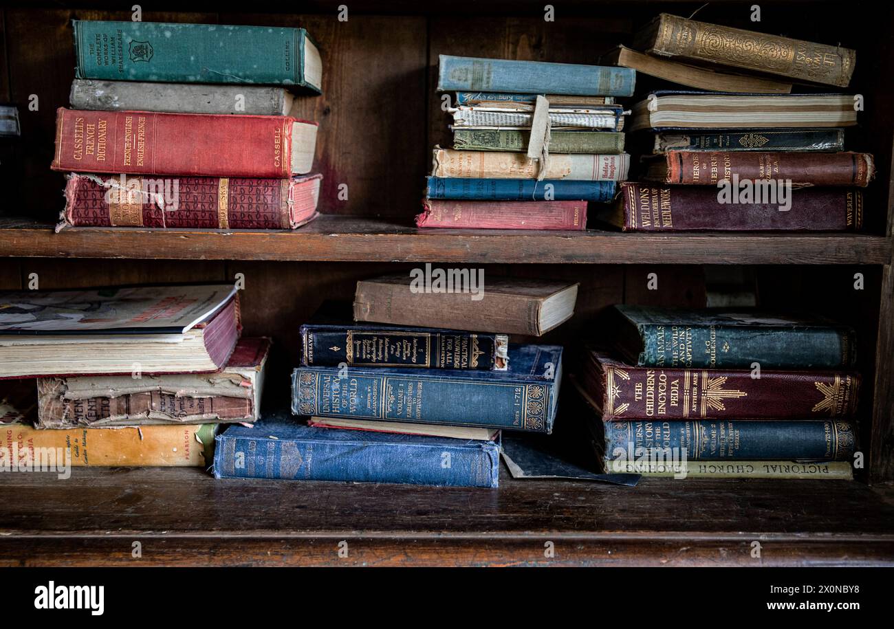 Vintage-Bücher im Regal, bunt in unordentlicher Reihenfolge, staubig Stockfoto