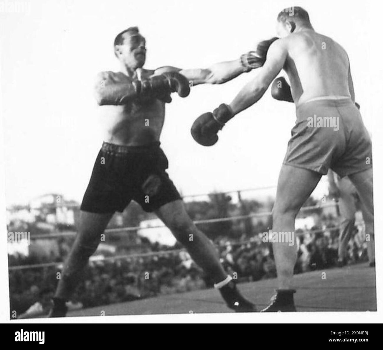 Primo Carnera und Tony Jack Rocco nehmen an einer Boxausstellung der 91. US-Division in Gorizia teil. Stockfoto