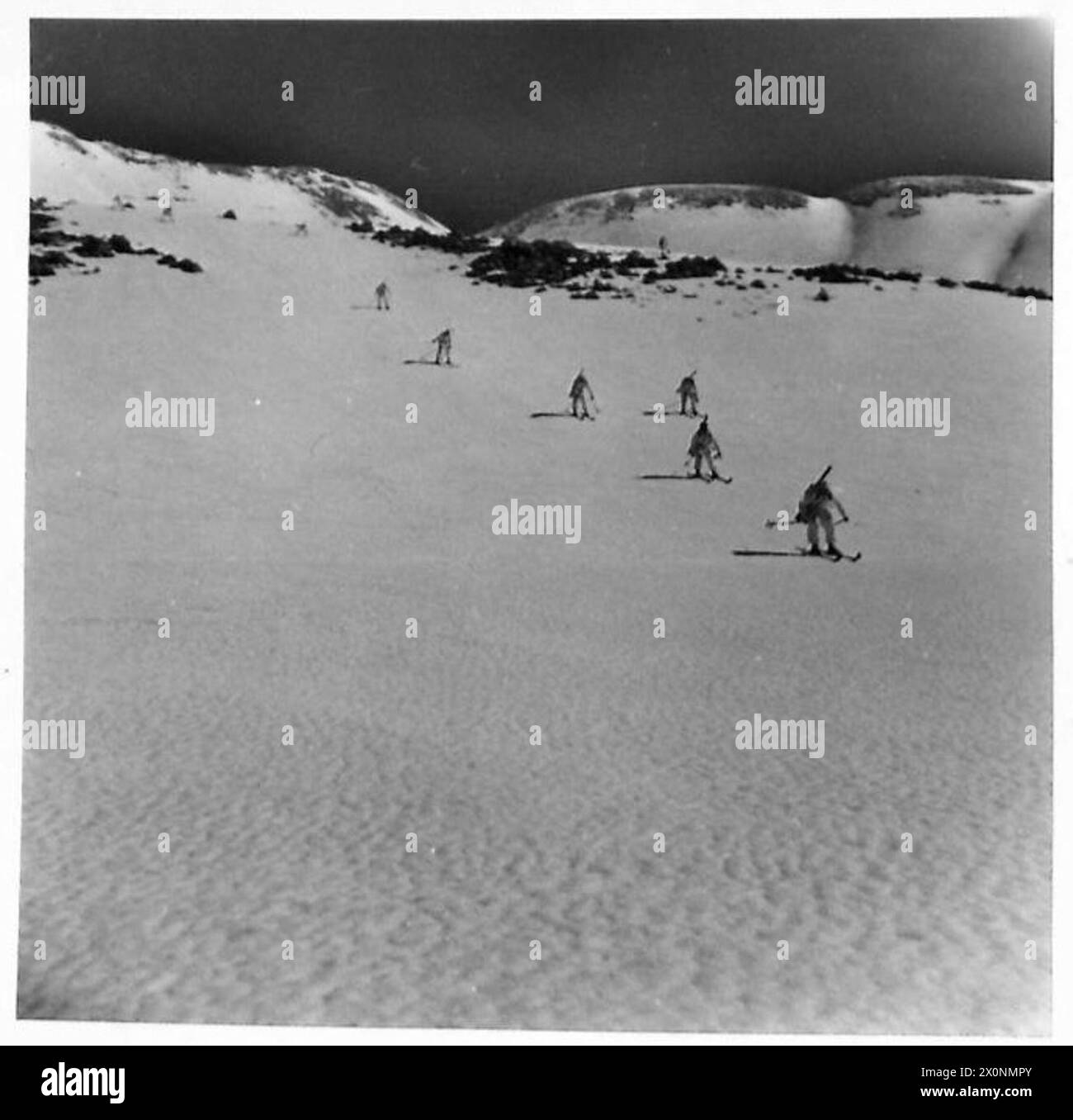 Ski ausgebildete Soldaten, die Geschwindigkeits- und Mobilitätsübungen auf schneebedecktem Gelände im Rahmen des militärischen Wintertrainings durchführen. Stockfoto