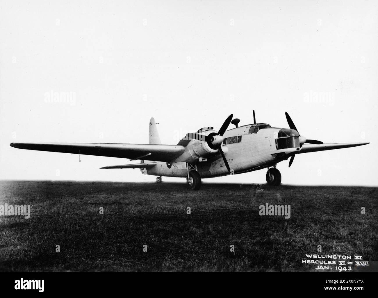 FLUGZEUGE DER ROYAL AIR FORCE 1939–1945: VICKERS WELLINGTON. - Wellington GR Mark XI, MP521, am Boden in Brooklands, Surrey, nach Montage durch Vickers Armstrongs Ltd Die MP521 diente bis April 1943 mit der No. 407 Squadron RCAF, als sie auf den Fleet Air Arm übertragen wurde. Der Zensor hat den Hintergrund der Fotografie Royal Canadian Air Force, 407 Squadron, Royal Navy, Fleet Air Arm ausgelöscht Stockfoto