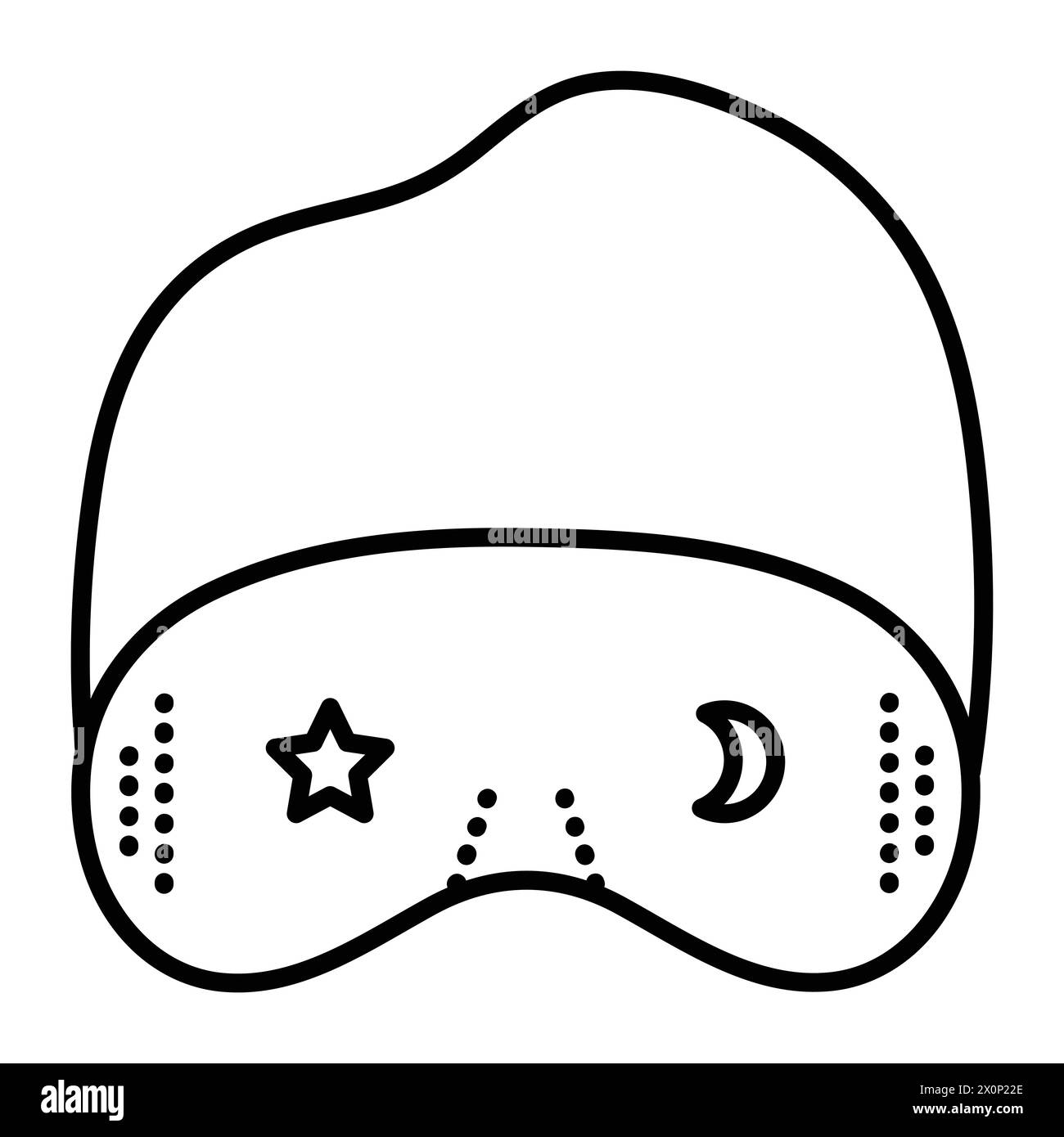 Einfache Nachtschlaf-Augenmaske mit Gummiband. Vektorsymbol mit schwarzer Linie, Piktogramm im minimalen Stil. Monochrome Umrisse mit Augenbinde mit Stern und Mond Stock Vektor