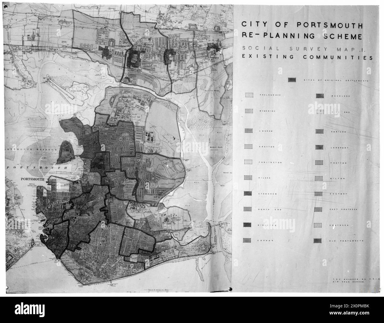 Die Social Survey Map 1 veranschaulicht bestehende Gemeinden in Portsmouth als Teil der Nachkriegsplanung und des Wiederaufbaus in Großbritannien. Stockfoto