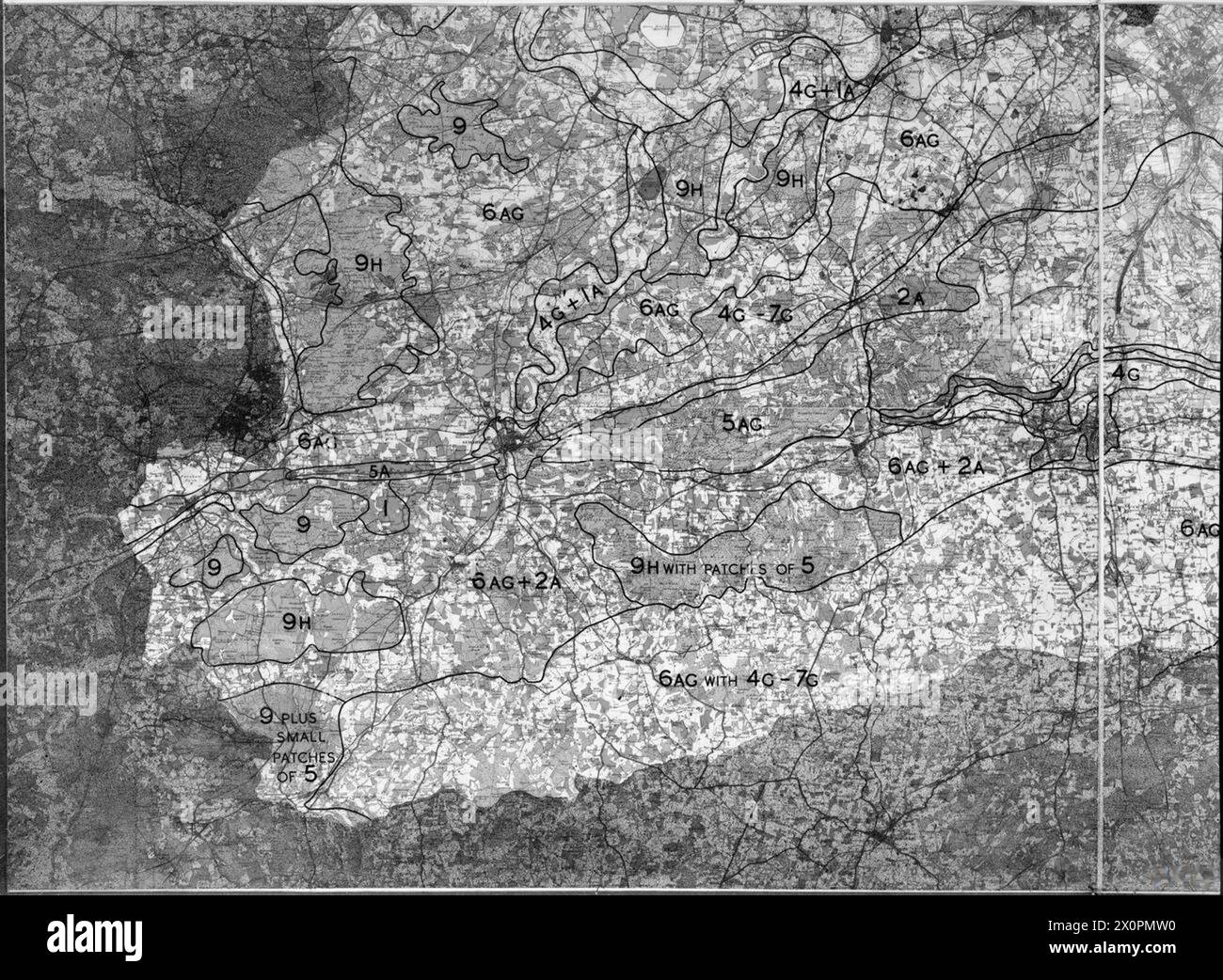 Kartenabschnitt mit landwirtschaftlicher Nutzung und Klassifizierung im Großraum London als Teil der Nachkriegsplanung und des Wiederaufbaus im Jahr 1944. Stockfoto