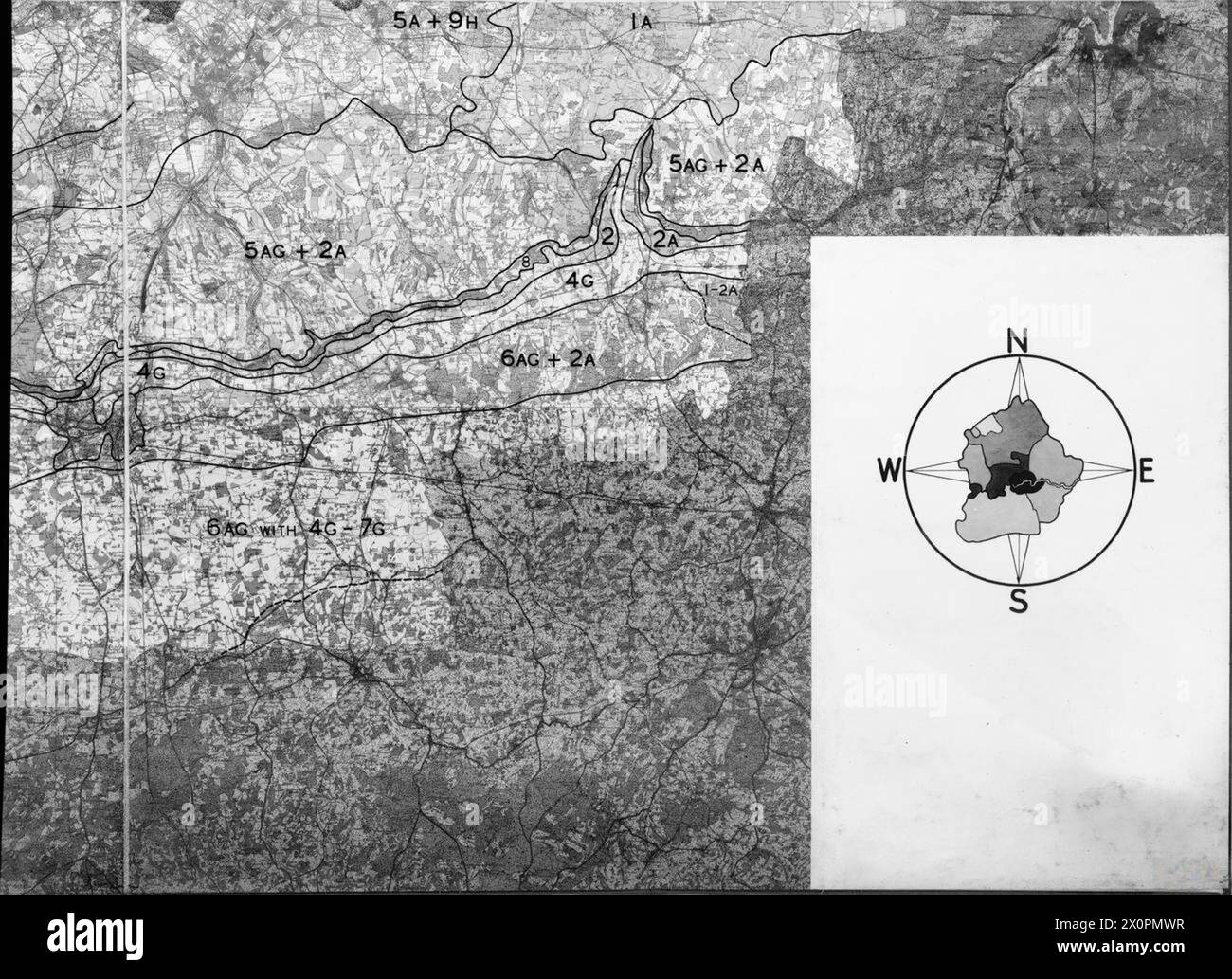Kartenabschnitt aus dem Greater London Plan von Professor Abercrombie 1944, der die Nutzung landwirtschaftlicher Flächen und die Klassifizierung im Großraum London für die Wiederaufbauplanung nach dem Krieg zeigt. Stockfoto