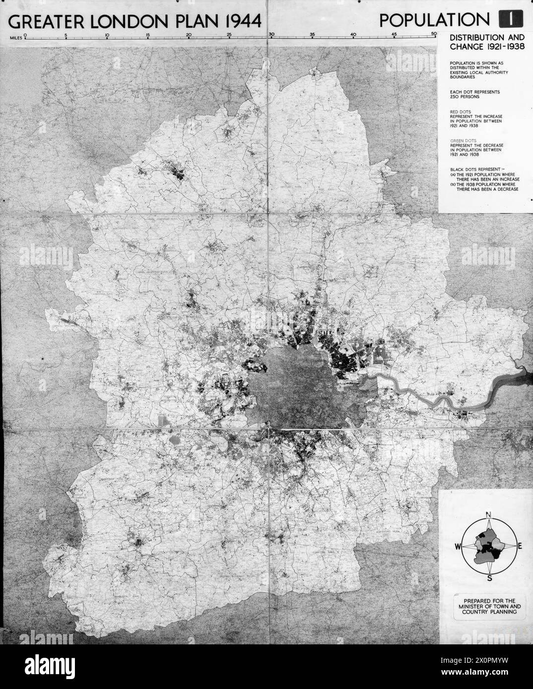 Karte zur Darstellung der Bevölkerungsverteilung und der Veränderungen im Großraum London von 1921 bis 1938 als Teil der Nachkriegsplanung unter dem Greater London Plan von Professor Abercrombie 1944. Stockfoto